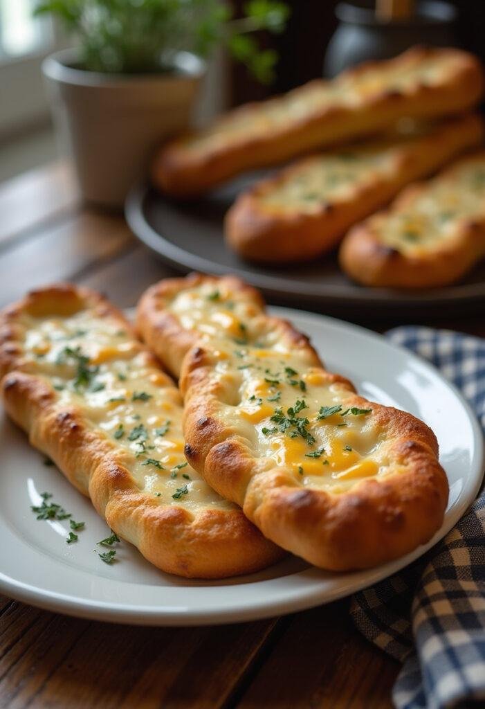 Realistic image of homemade cheesy breadsticks served on a white plate in a cozy home setting, with melted cheese, herbs, and golden crust, on a wooden table with soft natural light.