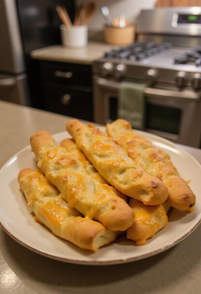 Realistic image of cheesy breadsticks on a ceramic dish in a kitchen, showcasing melted cheese and a warm, inviting baking environment with kitchen appliances and utensils.