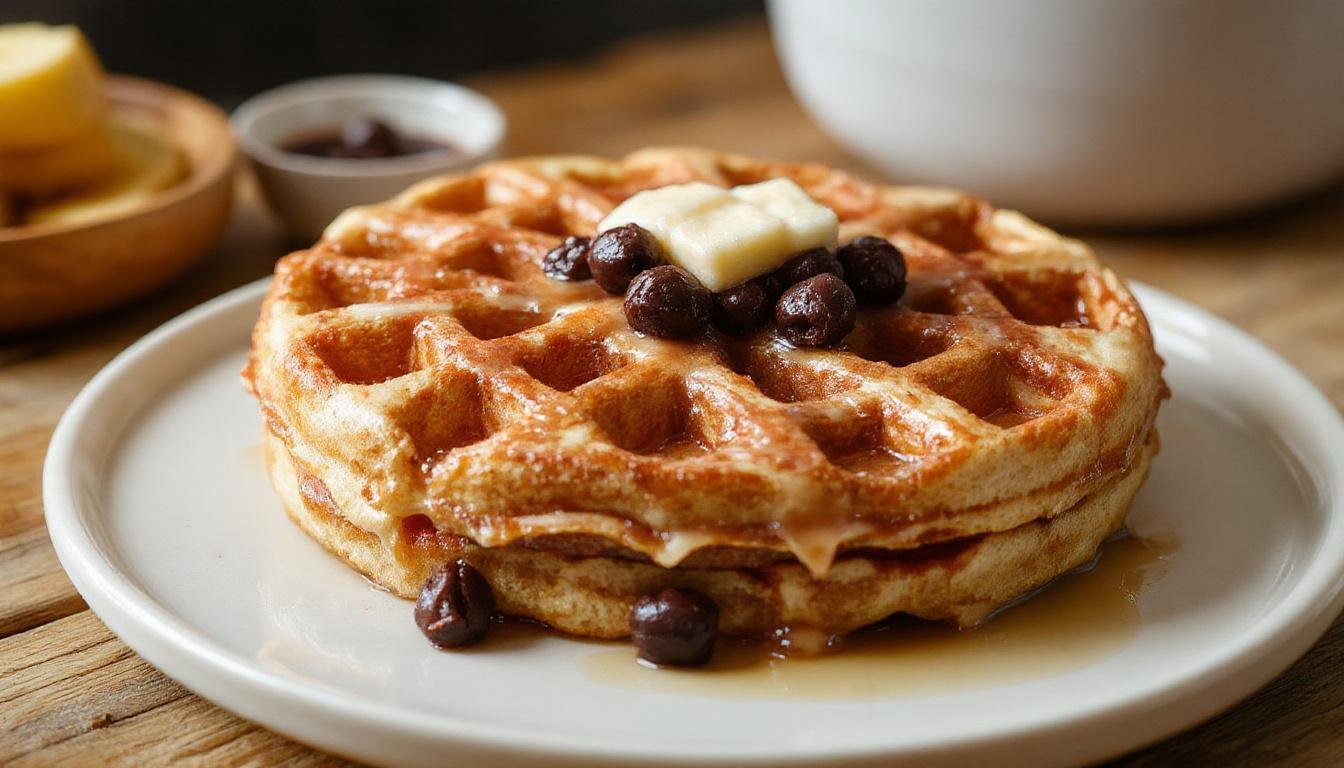 A stack of golden-brown homemade classic waffles topped with a pat of melting butter and drizzled with syrup, served on a white plate with fresh berries on the side, with a fork and knife nearby, the waffles showing a crispy exterior and fluffy interior.
