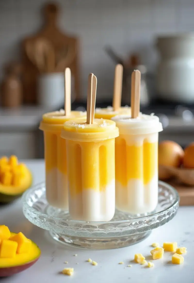 A depiction of homemade coconut mango popsicles on a glass plate in a cozy home kitchen, featuring bright yellow and white frozen treats with garnishes like mango slices and coconut flakes, creating a warm, inviting atmosphere.