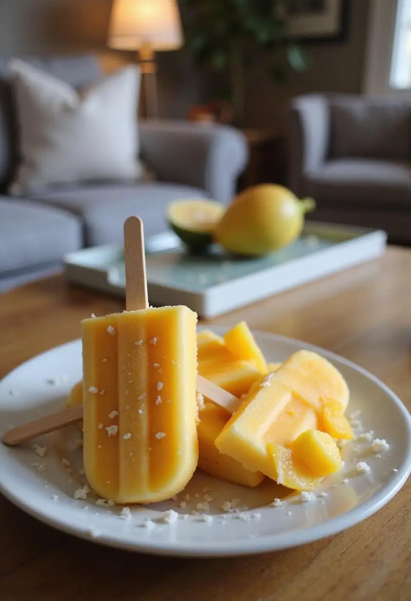 A realistic image of homemade coconut mango popsicles on a plate in a cozy home environment, highlighting the vibrant frozen treats with a warm and inviting background of a home interior.