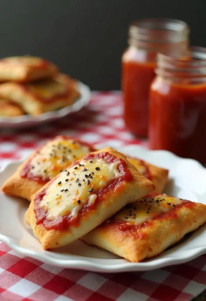 Finished homemade cheesy pizza pockets served on a white plate in a cozy home setting with a checkered tablecloth and accompanying sauce and drink.