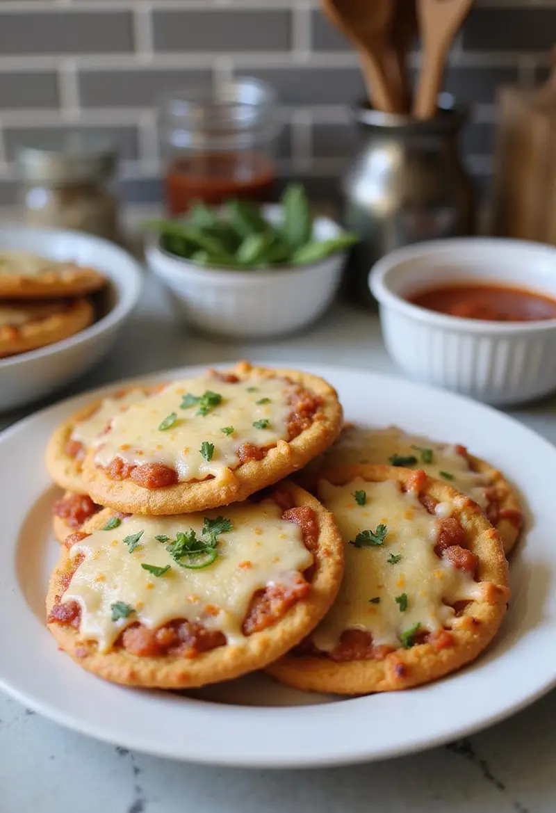 Homemade cheesy pizza pockets arranged on a plate in a kitchen setup with utensils, ingredients, and a tiled backsplash, captured in natural daylight.
