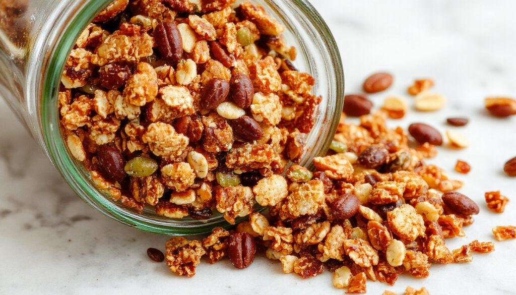 A close-up of a rustic bowl filled with homemade granola, showcasing golden clusters, nuts, and seeds with a drizzle of honey. The granola is topped with fresh berries and a dollop of yogurt, creating a vibrant and inviting presentation. The background features a wooden table with scattered oats and ingredients, emphasizing freshness and natural appeal.