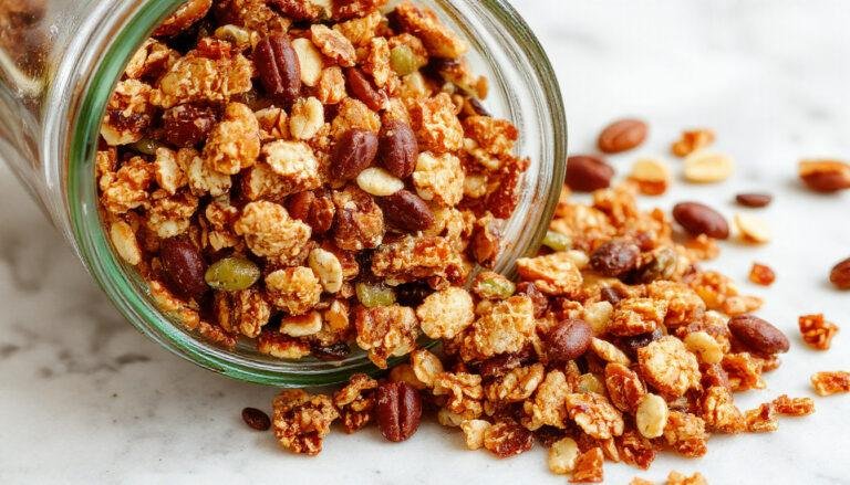 A close-up of a rustic bowl filled with homemade granola, showcasing golden clusters, nuts, and seeds with a drizzle of honey. The granola is topped with fresh berries and a dollop of yogurt, creating a vibrant and inviting presentation. The background features a wooden table with scattered oats and ingredients, emphasizing freshness and natural appeal.