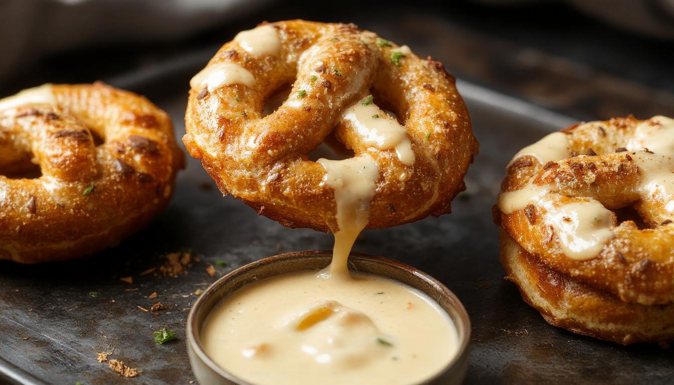 Golden-brown soft pretzels with a glossy crust, twisted into classic shapes, served alongside a creamy cheese sauce in a rustic bowl. The pretzels are sprinkled with coarse salt, and steam rises from the warm cheese, contrasting textures of chewy pretzels and smooth sauce.