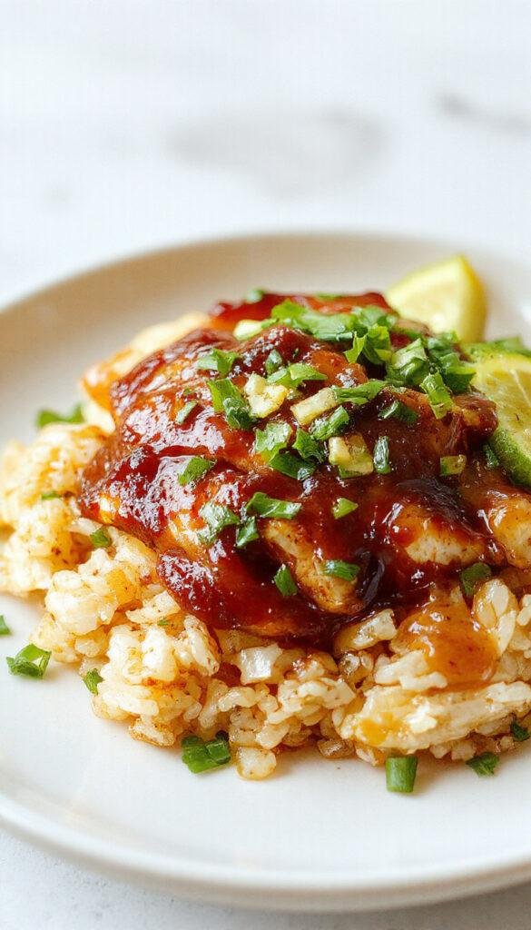 A plate of Honey BBQ Chicken Rice topped with grilled chicken drizzled in glossy honey BBQ sauce, served alongside steamed vegetables.