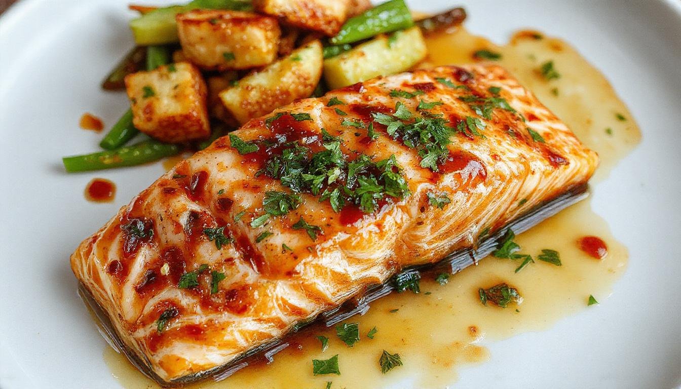 A perfectly glazed honey garlic salmon fillet with a golden-brown crust and caramelized edges, garnished with fresh herbs, plated on a white dish with a drizzle of glaze, surrounded by lemon slices and steamed vegetables, highlighting a glossy, tender texture with vibrant colors.