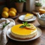 Realistic image of Honey Lemon Chiffon Pie on a wooden table in a cozy kitchen setting. The pie has a light, fluffy texture with lemon glaze and honey topping, garnished with lemon slices and mint leaves, creating a warm and inviting scene.