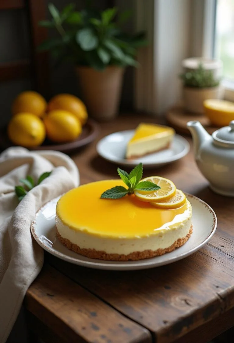 Realistic image of Honey Lemon Chiffon Pie on a wooden table in a cozy kitchen setting. The pie has a light, fluffy texture with lemon glaze and honey topping, garnished with lemon slices and mint leaves, creating a warm and inviting scene.