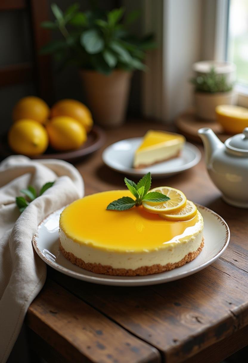 Realistic image of Honey Lemon Chiffon Pie on a wooden table in a cozy kitchen setting. The pie has a light, fluffy texture with lemon glaze and honey topping, garnished with lemon slices and mint leaves, creating a warm and inviting scene.