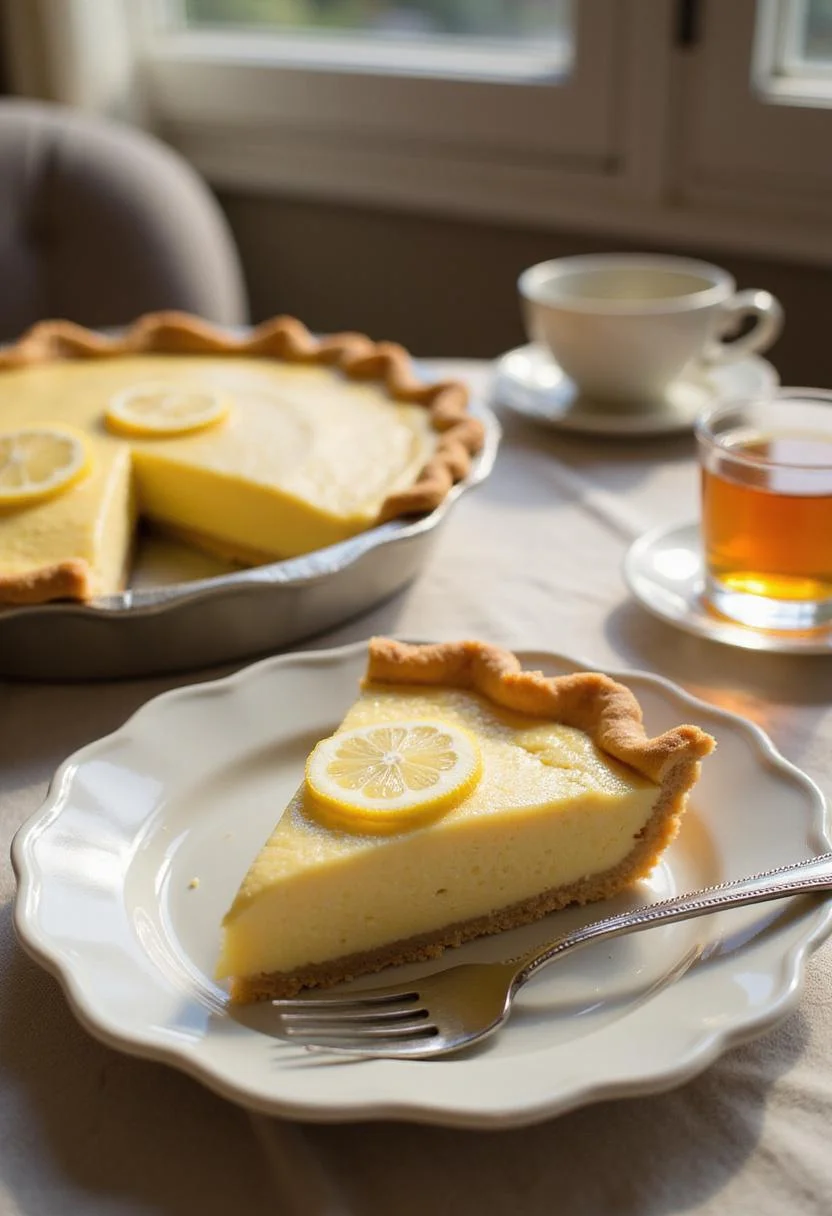 Realistic image of Honey Lemon Chiffon Pie plated on a ceramic dish in a home setting. The scene features a cozy table with a fork and tea, showcasing the pie's airy texture and lemon glaze under warm natural light.
