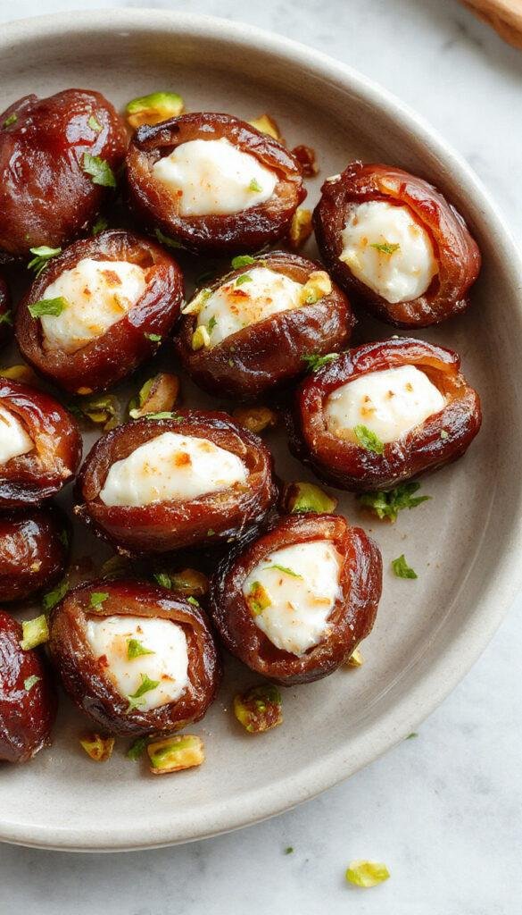Close-up of plump dates filled with creamy ricotta, topped with chopped pistachios and drizzled with honey, arranged on a decorative plate.