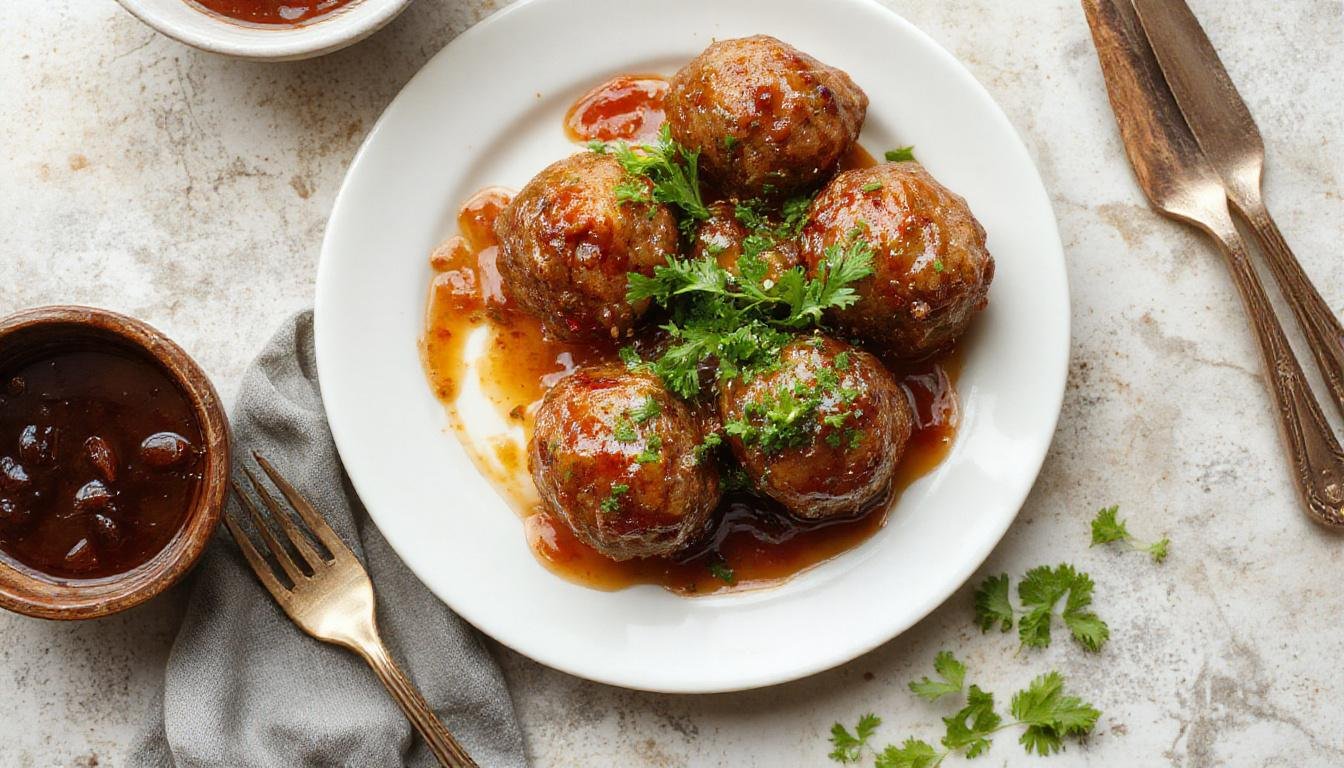 A close-up of glossy honey Sriracha glazed meatballs arranged on a white serving platter. The meatballs are evenly coated with a vibrant red-orange glaze, garnished with chopped green onions. The background features a rustic wooden table with some fresh herbs and a small bowl of extra glaze, creating an inviting and appetizing scene.