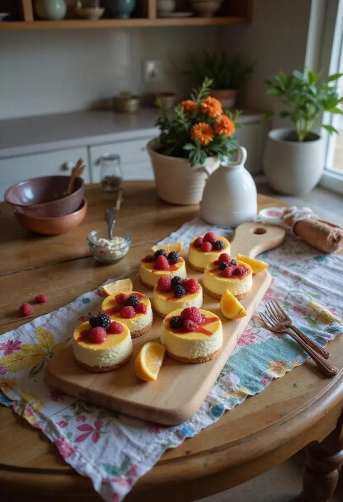 A cozy home kitchen scene showcasing a mini cheesecake board with small assorted cheesecakes topped with fruit and garnishes, arranged on a rustic wooden table with decorative napkins and dessert forks in warm lighting.