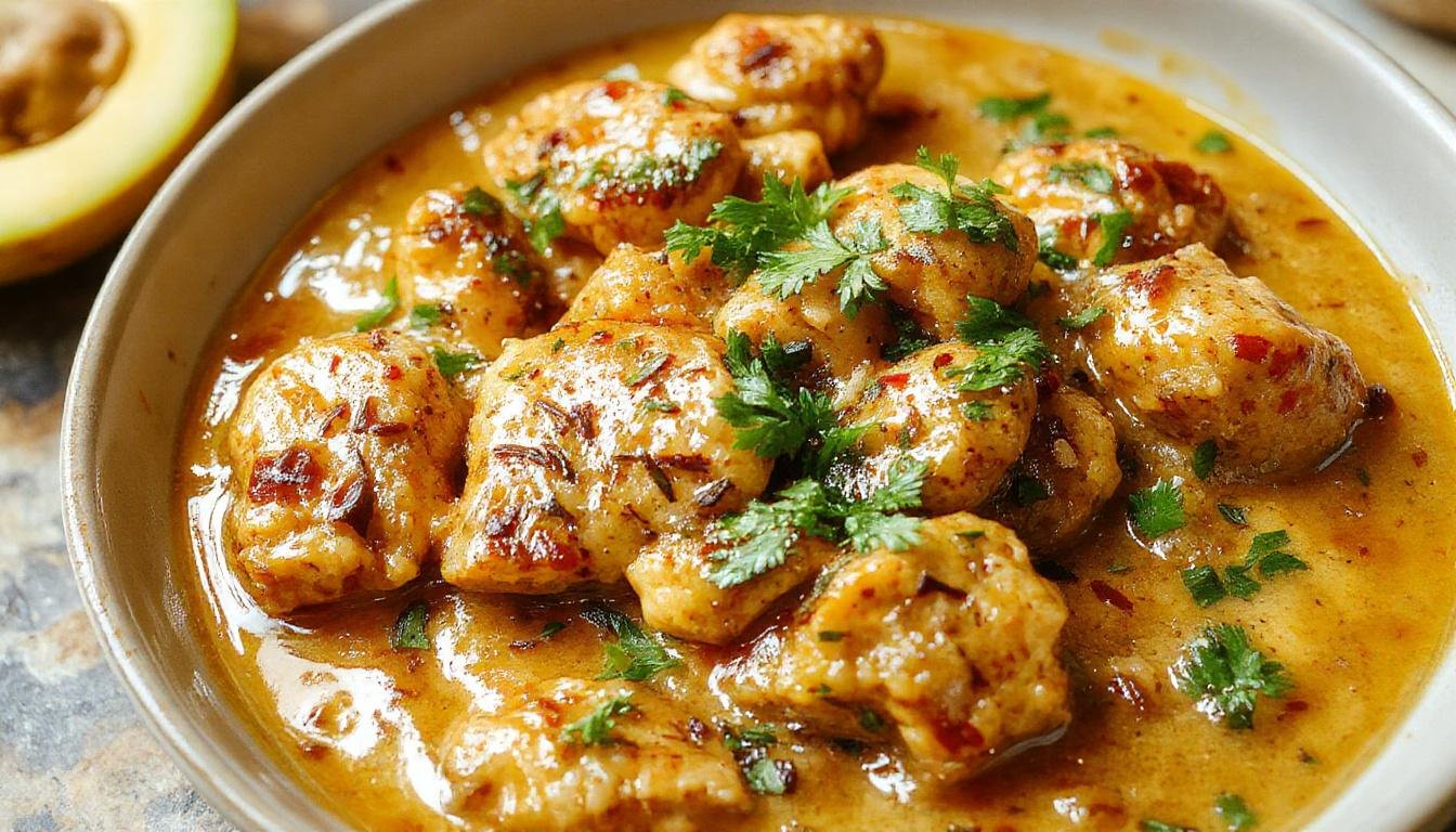 A vibrant bowl of creamy orange butter chicken garnished with fresh cilantro, served alongside steamed basmati rice and naan bread. The dish's sauce appears rich and glossy, coating tender chunks of chicken, with a sprinkle of coriander on top, presented on a rustic wooden table with a colorful backdrop.