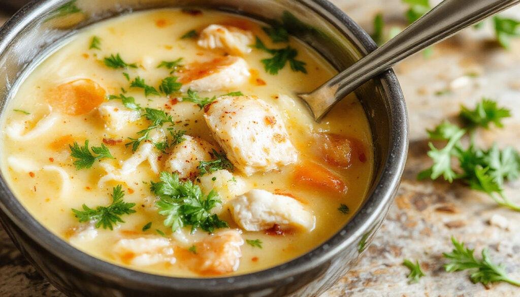 A steaming bowl of chicken noodle soup with tender chunks of chicken, vibrant carrots, celery, and curly egg noodles garnished with fresh herbs, presented in a rustic white bowl on a wooden table with a spoon resting beside it.