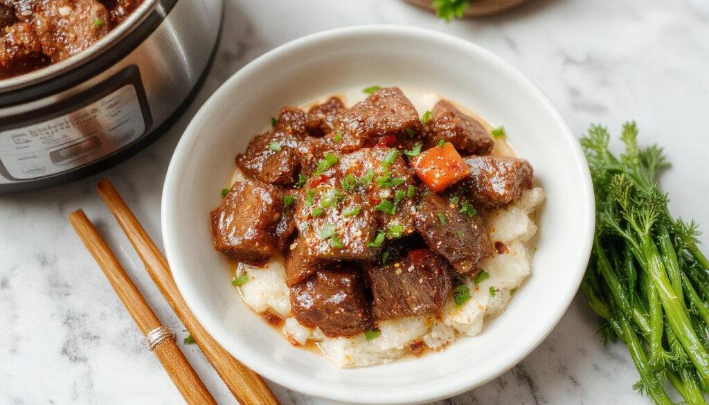 A steaming bowl of Korean beef served over white rice, garnished with chopped green onions and sesame seeds. The beef is tender and glazed with a savory, slightly glossy sauce. The dish is presented on a rustic wooden table with chopsticks resting beside the bowl, capturing a warm and inviting meal.