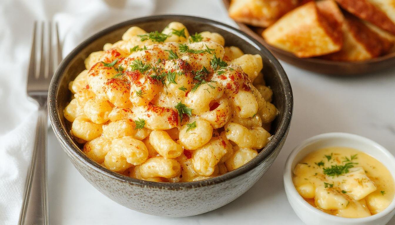 A creamy bowl of instant pot mac and cheese topped with a sprinkle of shredded cheese and chopped herbs, served on a rustic wooden table with a spoon nearby, highlighting its rich golden-yellow color and smooth texture.