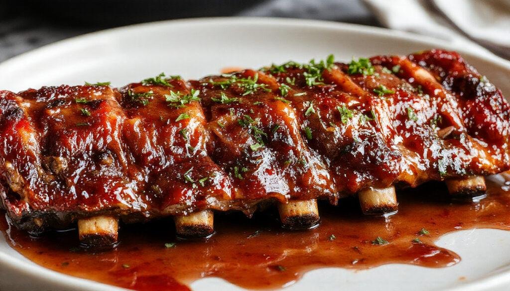 A close-up of succulent fall-off-the-bone ribs glazed with a glossy BBQ sauce, arranged on a white platter with garnished herbs, steam rising gently, and a rustic wooden background.