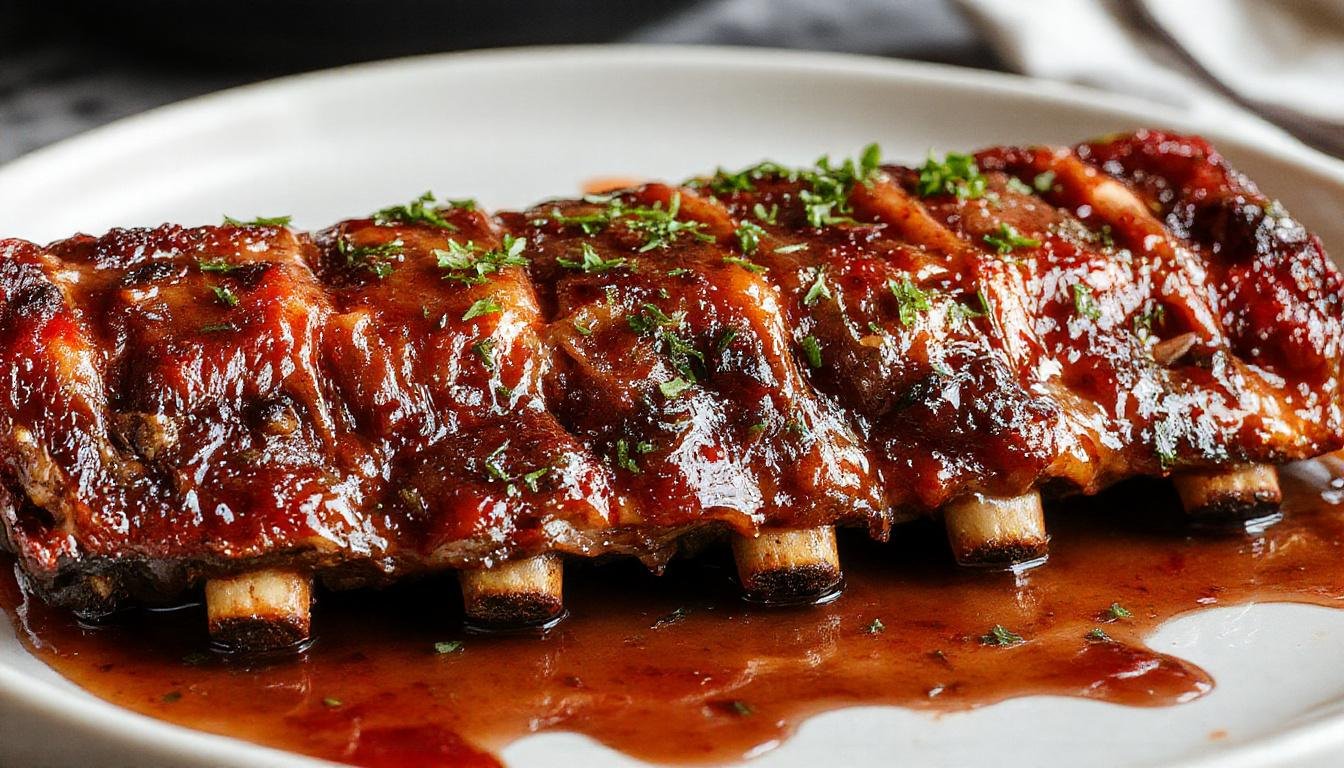 A close-up of succulent fall-off-the-bone ribs glazed with a glossy BBQ sauce, arranged on a white platter with garnished herbs, steam rising gently, and a rustic wooden background.