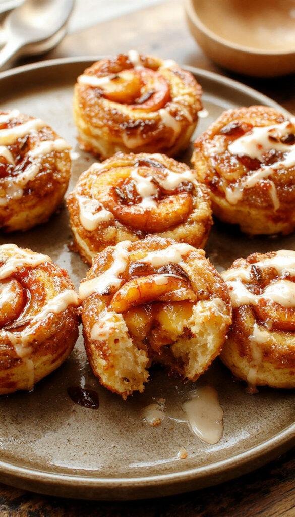 A plate of mini peach upside-down cakes garnished with fresh peach slices and mint leaves, showcasing golden-brown tops and vibrant fruit