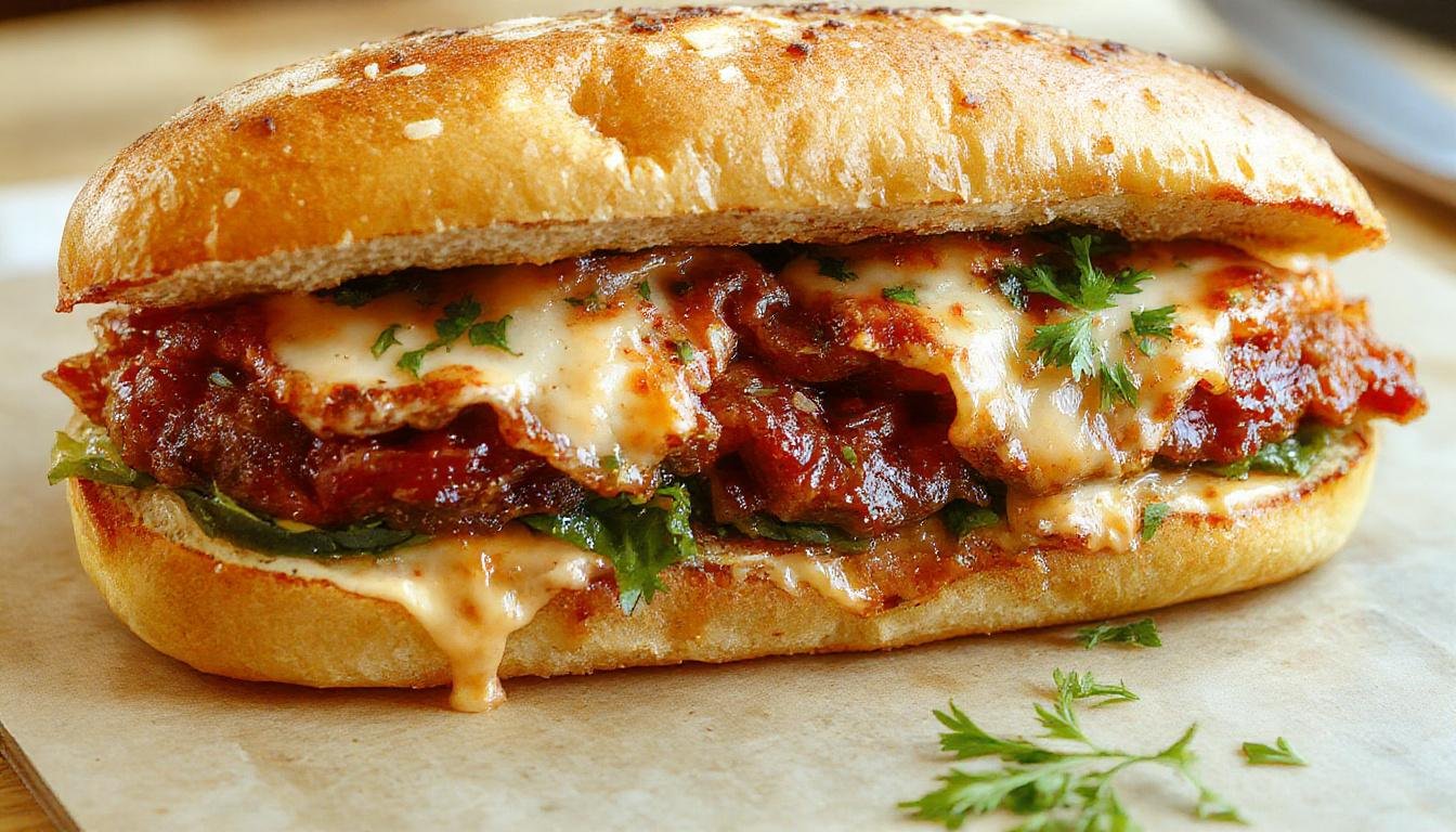 A freshly assembled Italian Sub Sandwich featuring crusty baguette sliced open and filled with layers of thinly sliced cured meats, melted provolone cheese, crisp lettuce, ripe tomato slices, and green peppers. The sandwich is set on a rustic wooden board, showcasing its vibrant colors and textures, with sesame seeds sprinkled on the top bun and a slight sheen from the melted cheese.