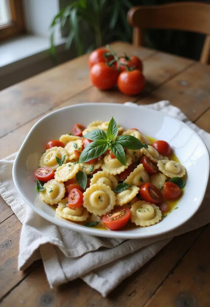 Close-up of Italian Tortellini Pasta Salad on a white plate with fresh vegetables and basil, styled on a wooden table in a cozy home environment, showcasing a colorful and appetizing dish.