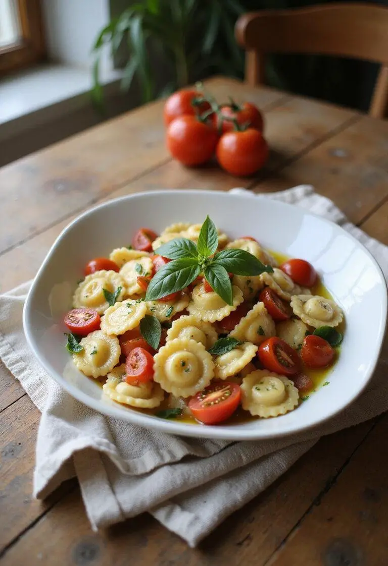 Close-up of Italian Tortellini Pasta Salad on a white plate with fresh vegetables and basil, styled on a wooden table in a cozy home environment, showcasing a colorful and appetizing dish.