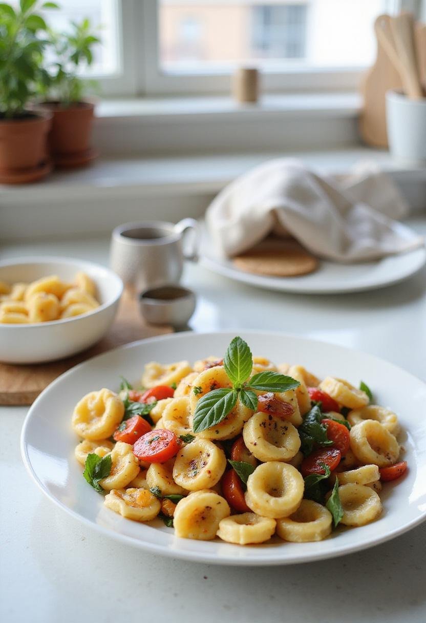 Photograph of Italian Tortellini Pasta Salad in a kitchen scene, featuring colorful pasta and vegetables on a plate, with kitchen tools and natural lighting highlighting its fresh appearance.