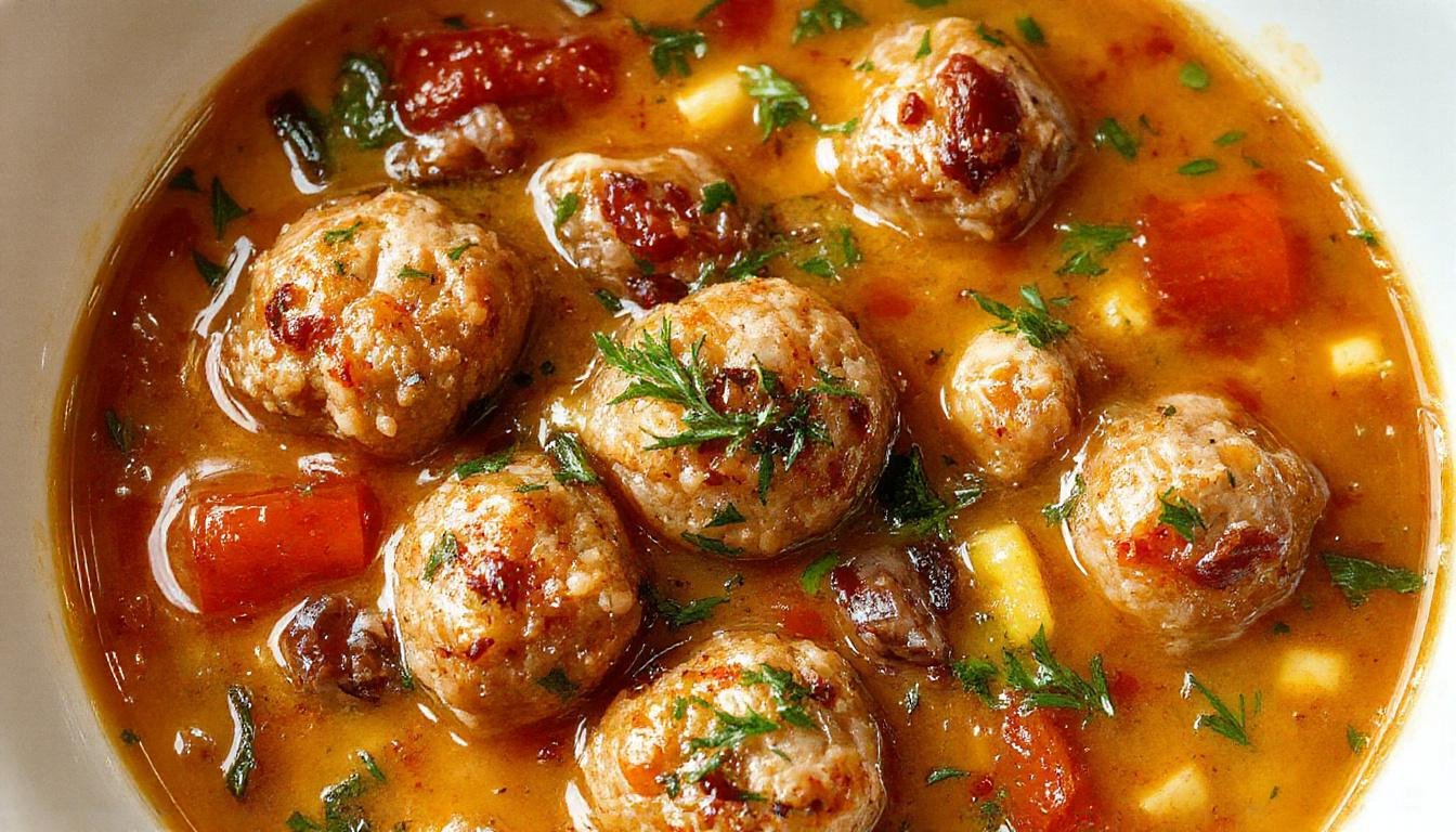 A bowl of Italian Wedding Soup topped with small meatballs, fresh spinach, and grated Parmesan, served in a rustic ceramic dish with a spoon on a wooden table