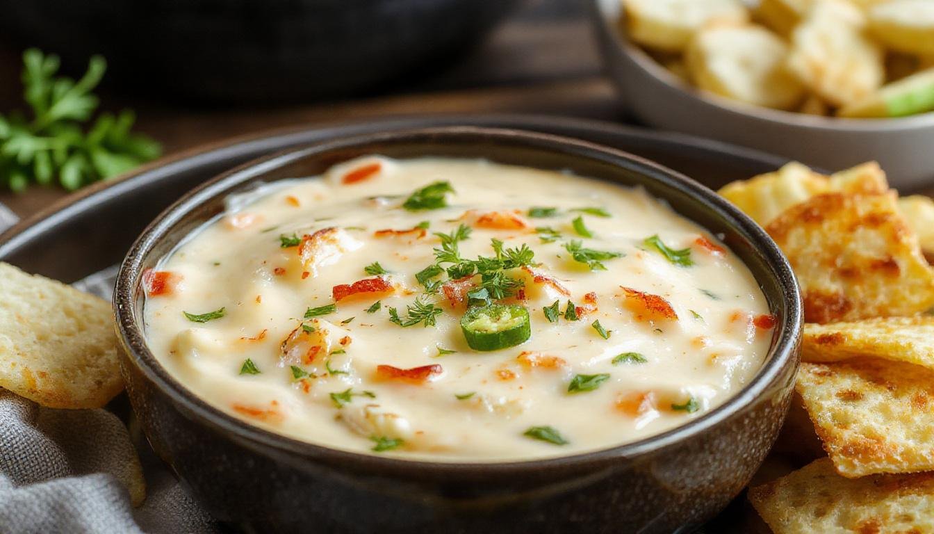 A creamy jalapeño popper dip in a white ceramic bowl garnished with chopped chives and sliced jalapeños on top. The dip has a smooth, cheesy texture with visible bits of jalapeño peppers, set on a rustic wooden table with tortilla chips surrounding it, inviting a warm and spicy atmosphere.