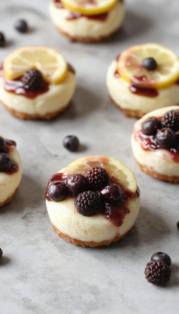 Mini Lemon Blueberry Cheesecakes with tart lemon slices and fresh blueberries on top, displayed on a white plate.