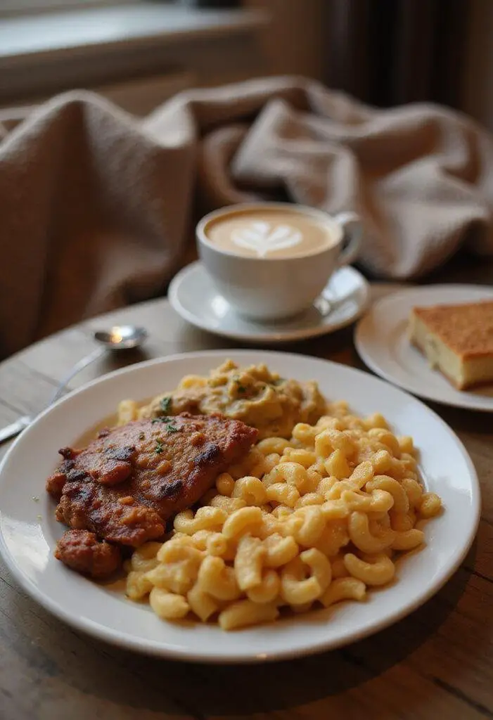 A realistic image of a comforting home-cooked meal with macaroni and cheese served on a plate in a cozy kitchen setting, featuring warm lighting and homely decor.