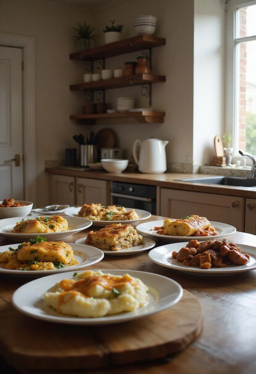 A realistic image of a selection of classic comfort foods displayed on a kitchen countertop, presented in serving dishes and bowls, with kitchen appliances and natural light highlighting the cozy home environment.