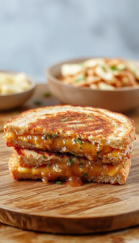 A crispy Karepan Japanese Curry Grilled Cheese with golden-brown bread, melted cheese, and a rich curry filling oozing out.