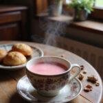 Close-up of a vibrant pink Kashmiri chai served in a cup on a wooden table, with traditional Kashmiri pastries nearby, in a cozy home kitchen setting, highlighting a warm and inviting atmosphere.