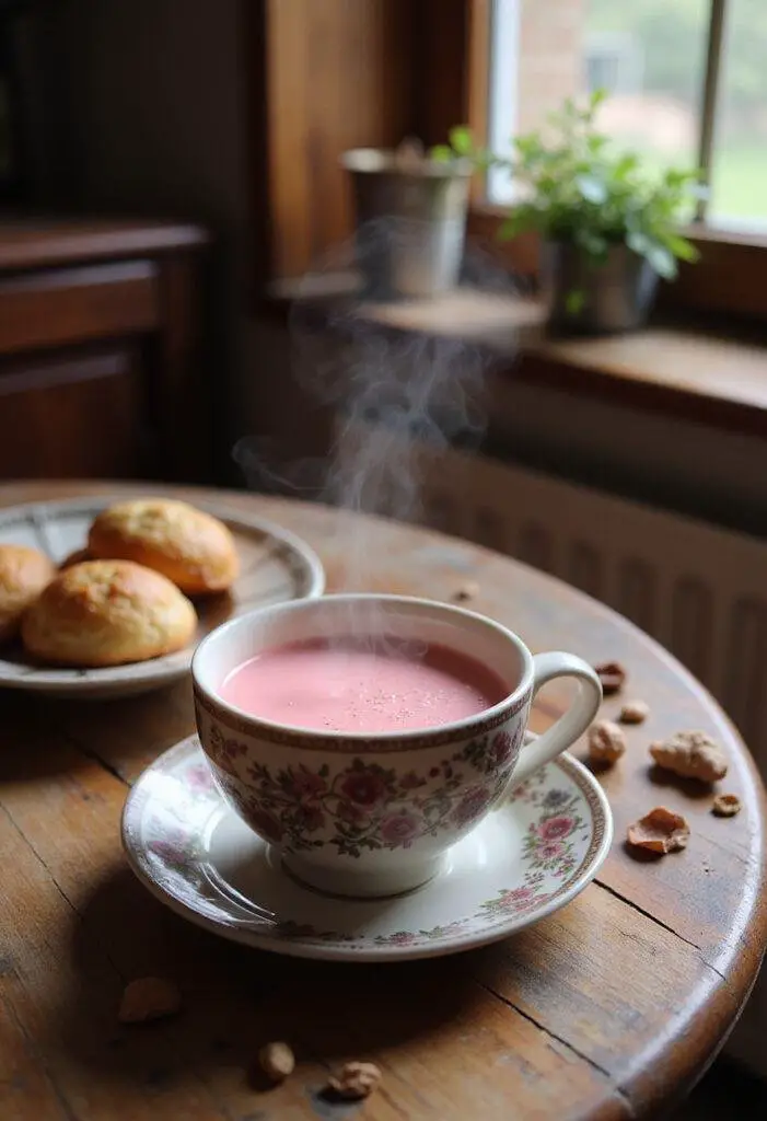 Close-up of a vibrant pink Kashmiri chai served in a cup on a wooden table, with traditional Kashmiri pastries nearby, in a cozy home kitchen setting, highlighting a warm and inviting atmosphere.