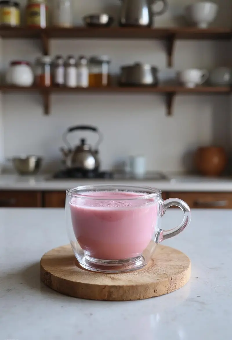 A clear image of Kashmiri Pink Chai in a cup on a kitchen counter, with shelves of spices and teapots in the background, emphasizing a clean and modern kitchen setting with natural lighting.