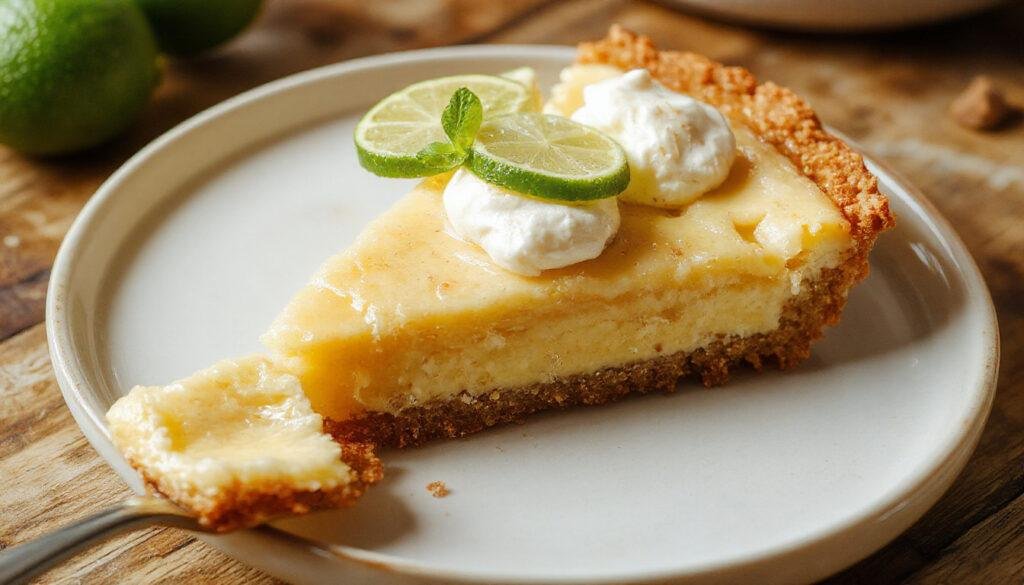 A slice of Key Lime Pie with a golden graham cracker crust, topped with a generous mound of whipped cream and thin lime zest curls, displayed on a white plate with a sprig of mint in the background. The pie’s vibrant green filling contrasts beautifully with the light, crumbly crust and the snowy white topping.