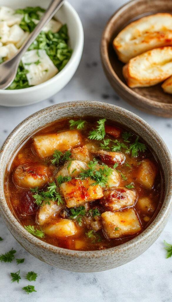 A steaming bowl of Korean Army Stew (Budae Jjigae) filled with sausages, Spam, vegetables, and melted cheese, garnished with green onions.