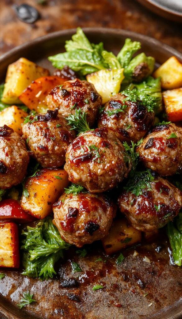 A plate of Korean BBQ meatballs served with roasted vegetables, garnished with green onions and sesame seeds, vibrant and appetizing.