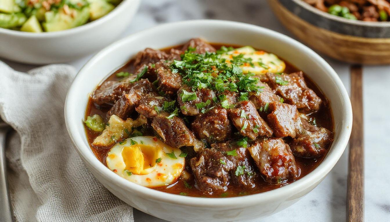 A vibrant bowl featuring thinly sliced marinated beef glazed with a shiny, caramelized sauce, garnished with sliced green onions and sesame seeds, served over steaming white rice with colorful vegetables on the side. The beef glistens with a rich marinade, contrasting with the fresh green toppings and the fluffy rice beneath.