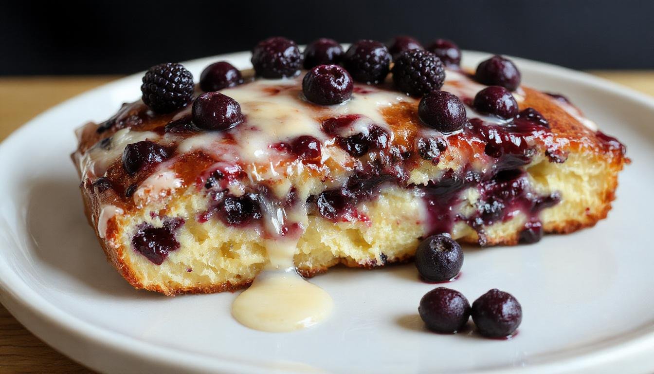 A sliced lemon blueberry loaf cake with a golden crust, topped with a glossy lemon glaze. Visible blueberries are embedded throughout the moist crumb, and the cake is presented on a rustic white plate with fresh blueberries and lemon slices as garnish.