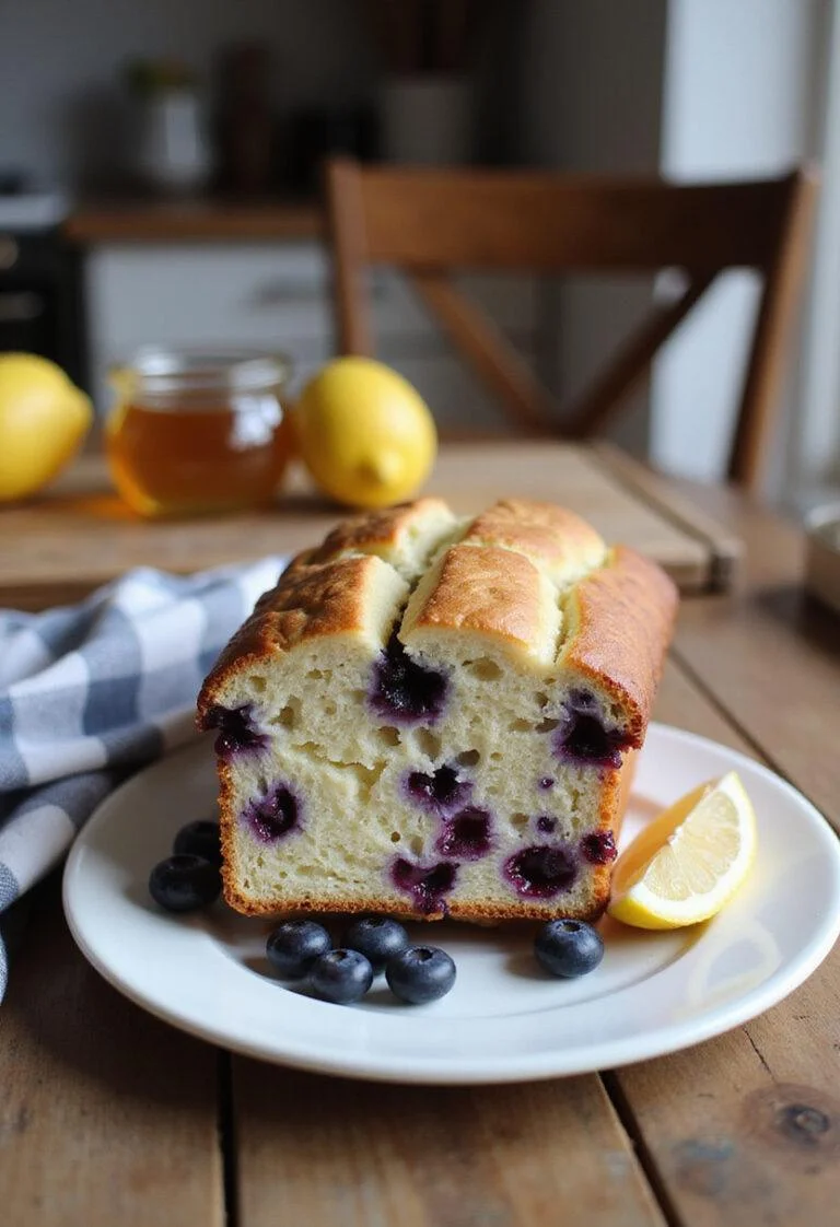 A sliced Lemon Blueberry Yogurt Loaf on a white plate, decorated with blueberries and lemon slices, in a cozy home kitchen setting with warm lighting and rustic decor.