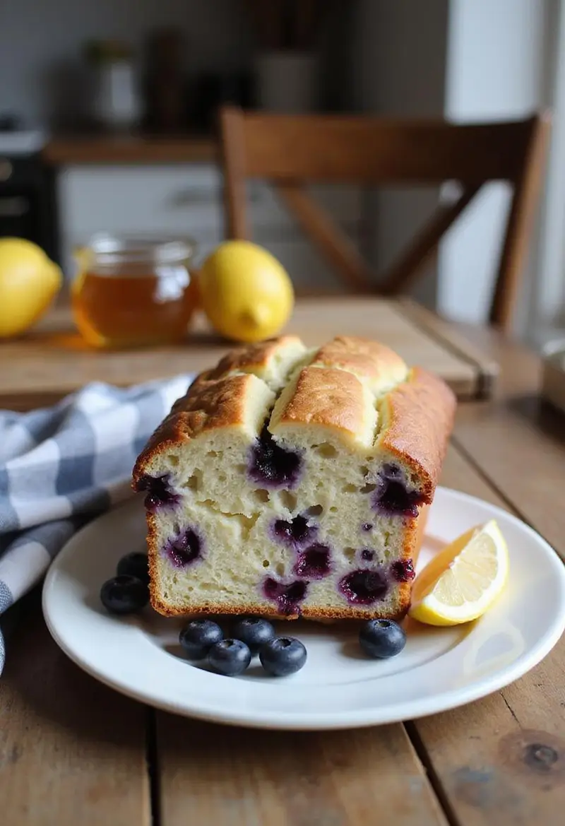 A sliced Lemon Blueberry Yogurt Loaf on a white plate, decorated with blueberries and lemon slices, in a cozy home kitchen setting with warm lighting and rustic decor.