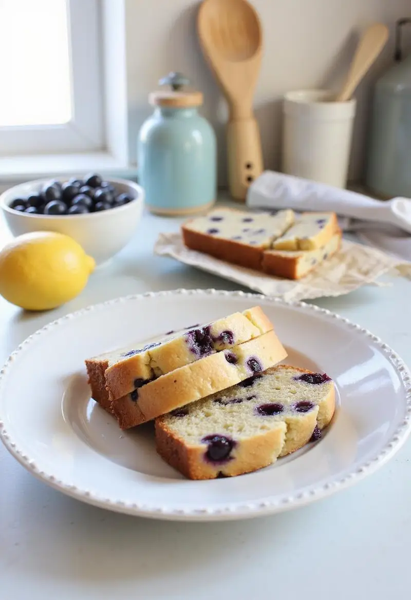 A Lemon Blueberry Yogurt Loaf on a plate in a contemporary kitchen, with blueberries and lemon nearby, captured with bright natural lighting highlighting the cake's moist interior and vibrant berries.