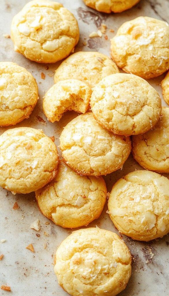 A plate of Lemon Coconut Cheesecake Cookies garnished with shredded coconut and lemon zest, showcasing their golden-brown edges and creamy centers.