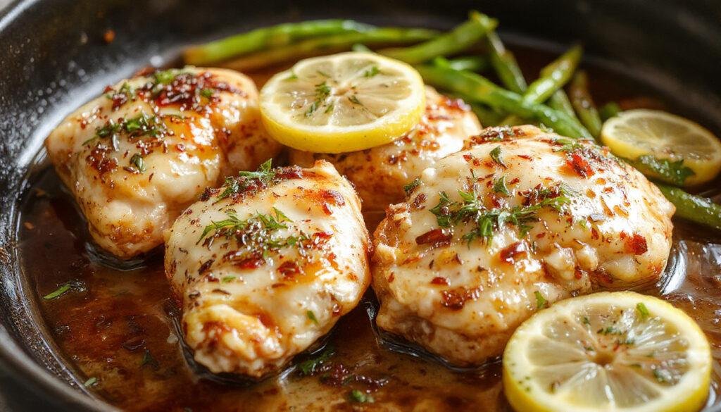 Golden-brown chicken thighs topped with freshly chopped parsley and lemon slices, arranged on a rustic white plate with a drizzle of lemon juice. The skin is crispy, and the chicken appears juicy, with a vibrant lemon-pepper seasoning visible on the surface. The background features a wooden table with lemon wedges and green herbs for garnish.