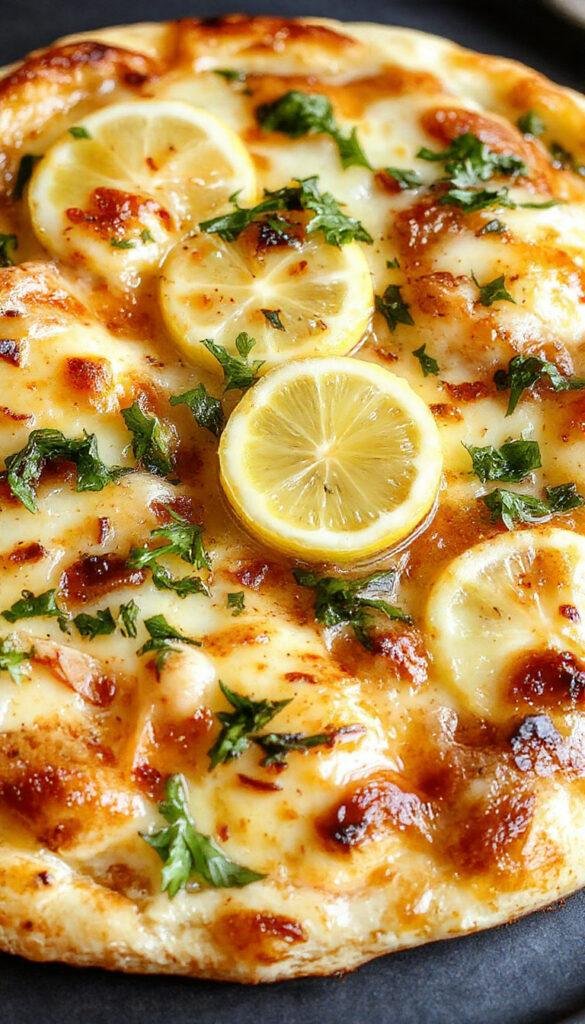 A crispy pizza topped with fresh lemon slices, herbs, and a drizzle of olive oil, served on a rustic wooden table.